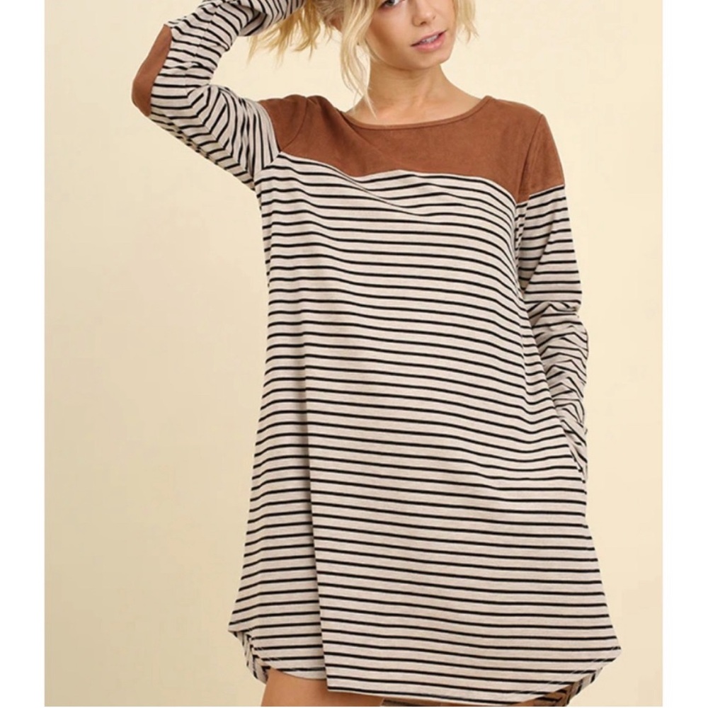 Umgee Black White Striped Swing Dress Small Faux Suede Yoke Boho Tunic Shift NWT